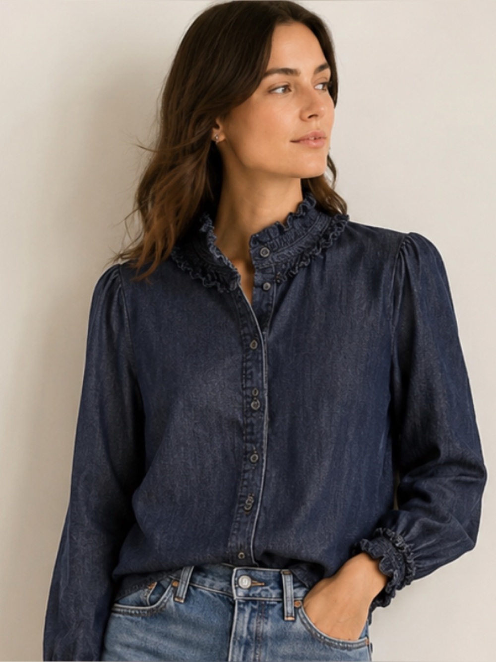 Boden Addi Ruffle Chambray Denim Button Down Long Sleeve Shirt